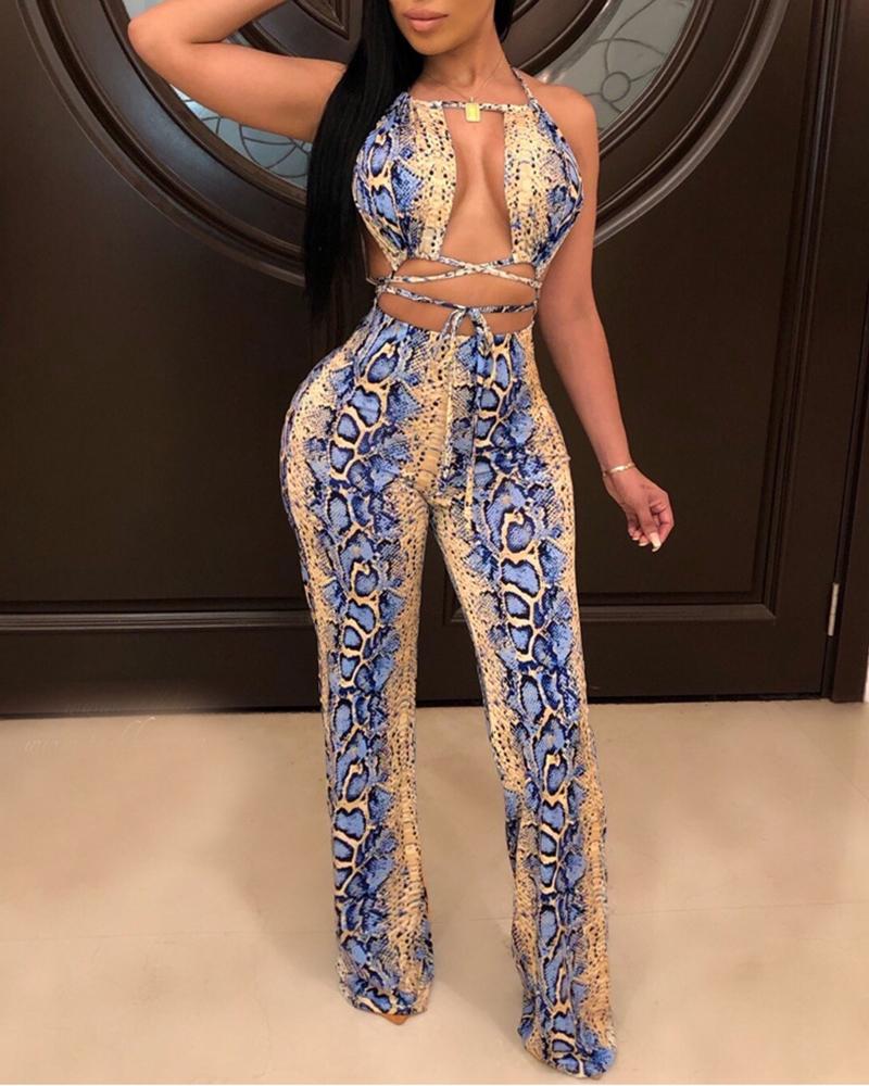 

Snakeskin Print Strappy Open Back Jumpsuit, Blue