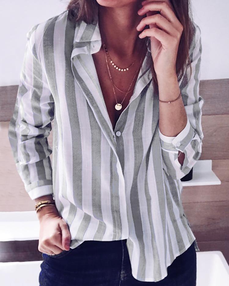 

Fashion Striped Buttoned Casual Blouse, Gray