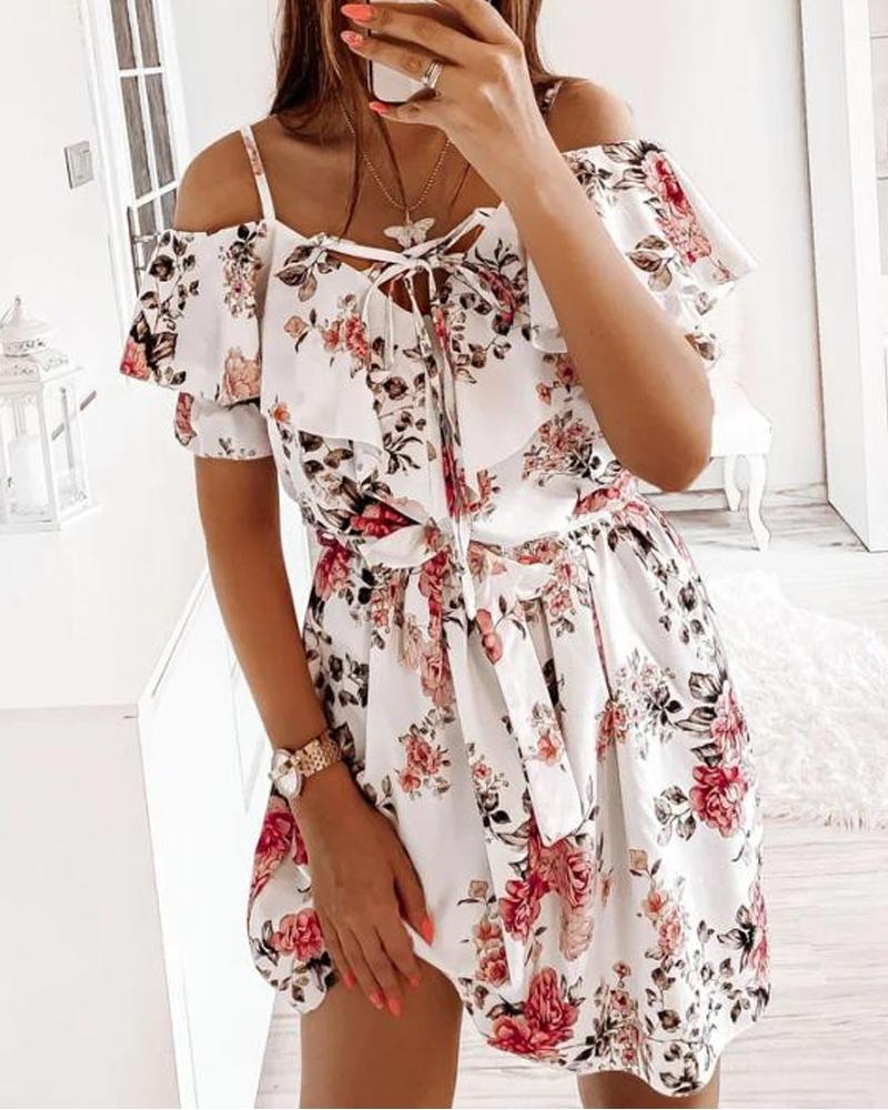 

Cold Shoulder Ruffle Hem Belted Floral Print Dress, White