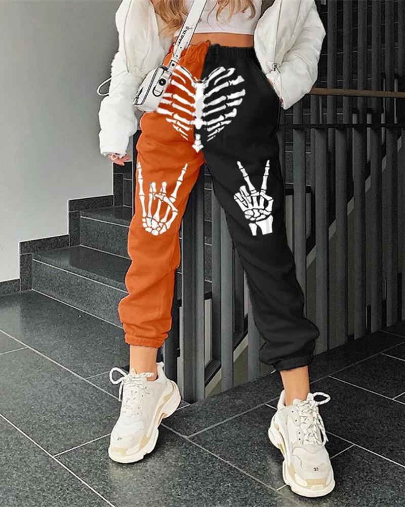 

Halloween Skeleton Print Pocket Detail Sweatpants, Orange