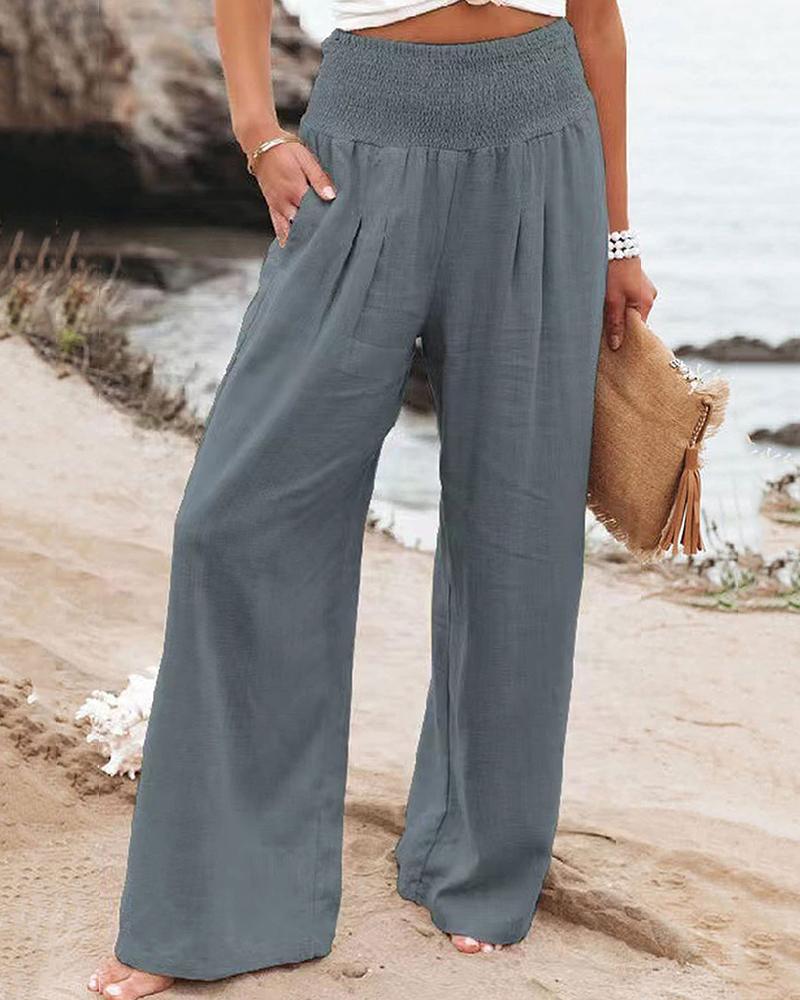 

Gathered Waist Pocket Design Wide Leg Pants, Dark grey