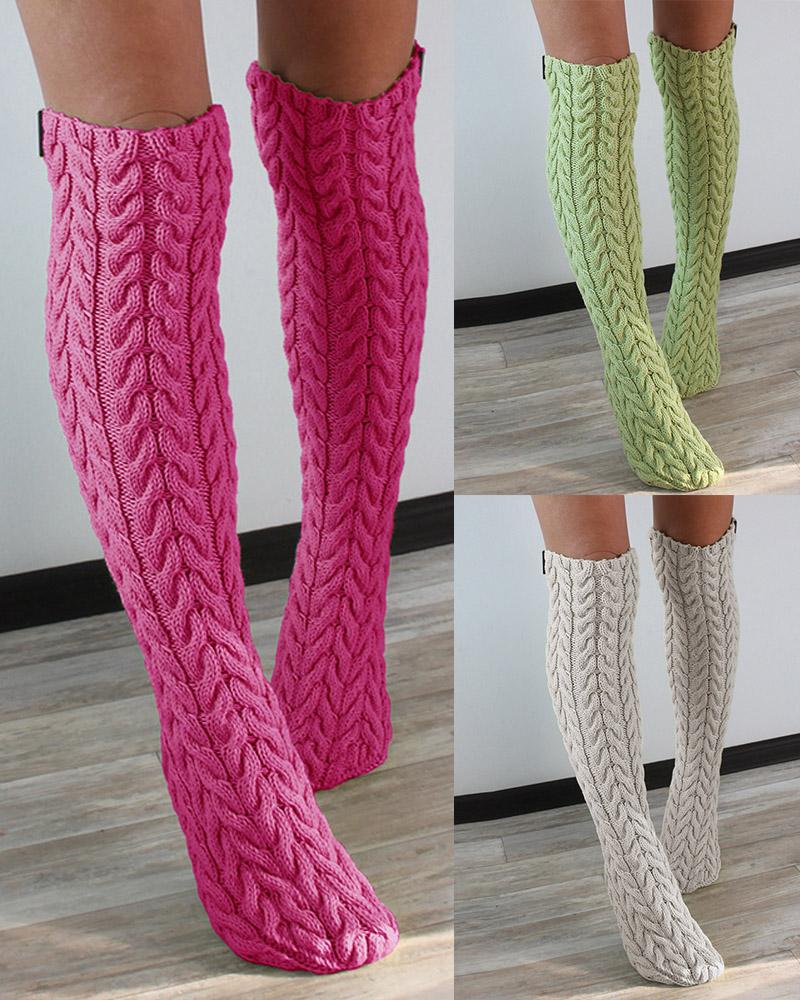 

1Pair Cable Knit Over The Calf Fluffy Tube Socks, Hot pink