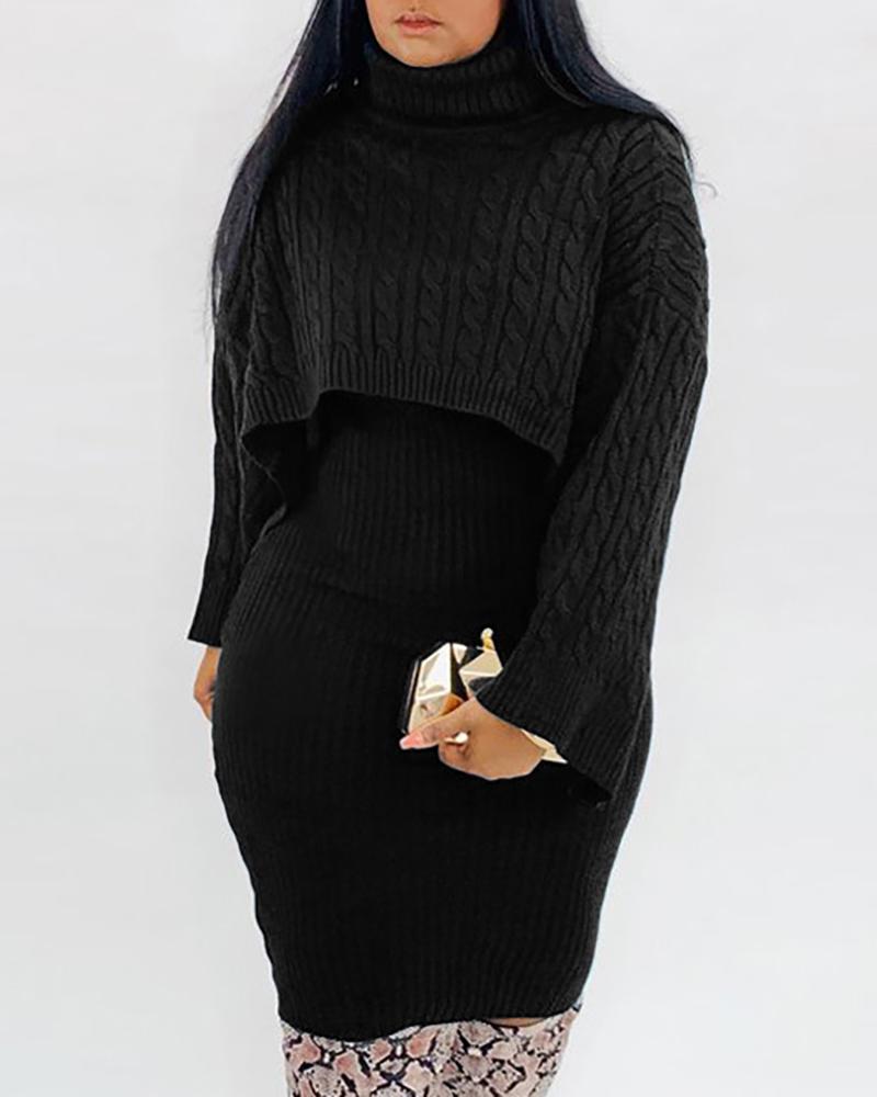 

Solid High Neck Ribbed Sweater & Thin Strap Women Dress Sets, Black