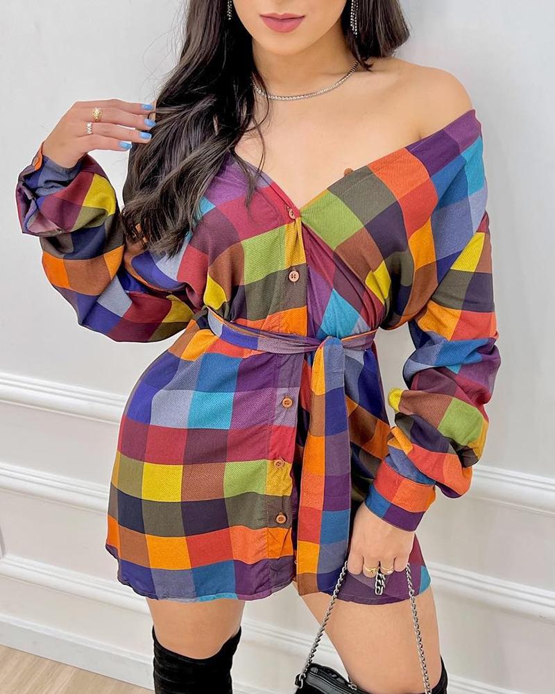 

Colorful Plaid Print Tied Detail Dress, Multicolor