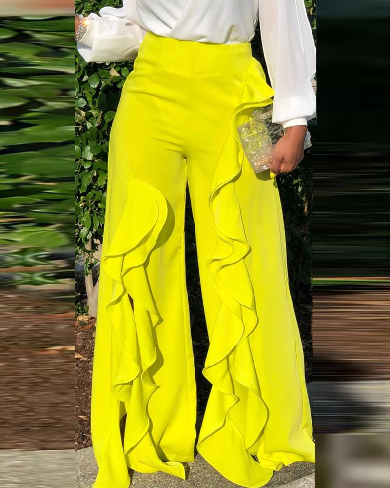 

High Waist Ruffles Wide Legs Slit Casual Pants, Yellow