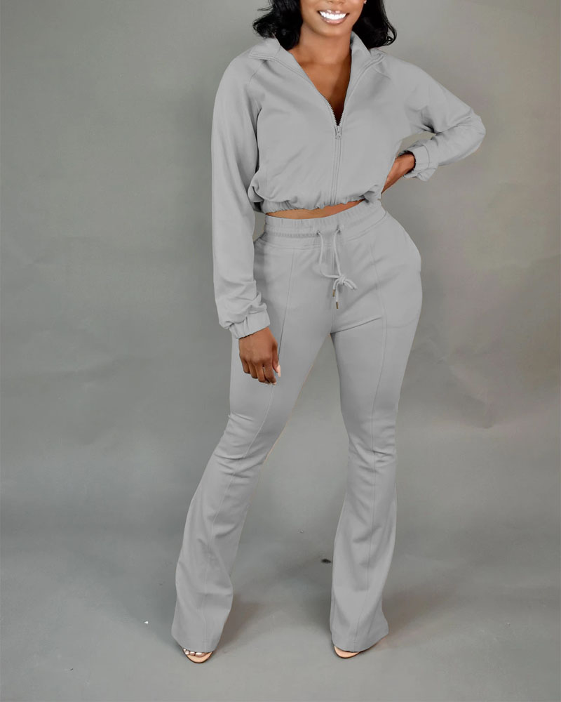 

Long Sleeve Zip Up Crop Top & Bootcut Pants Set, Gray