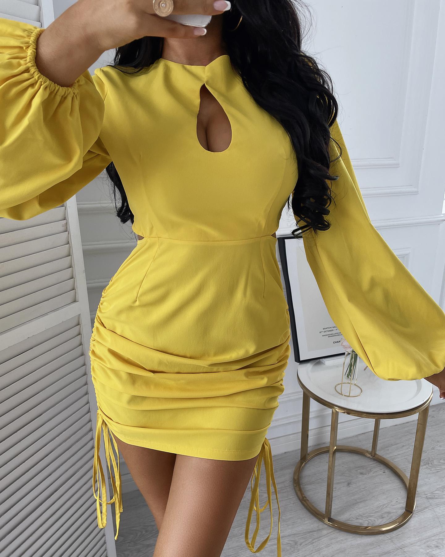 

Solid Lantern Sleeve Keyhole Neckline Drawstring Ruched Party Dress, Yellow