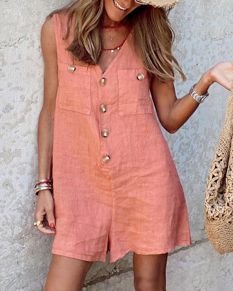

Solid Color Sleeveless Pocket Button Front Romper, Pink