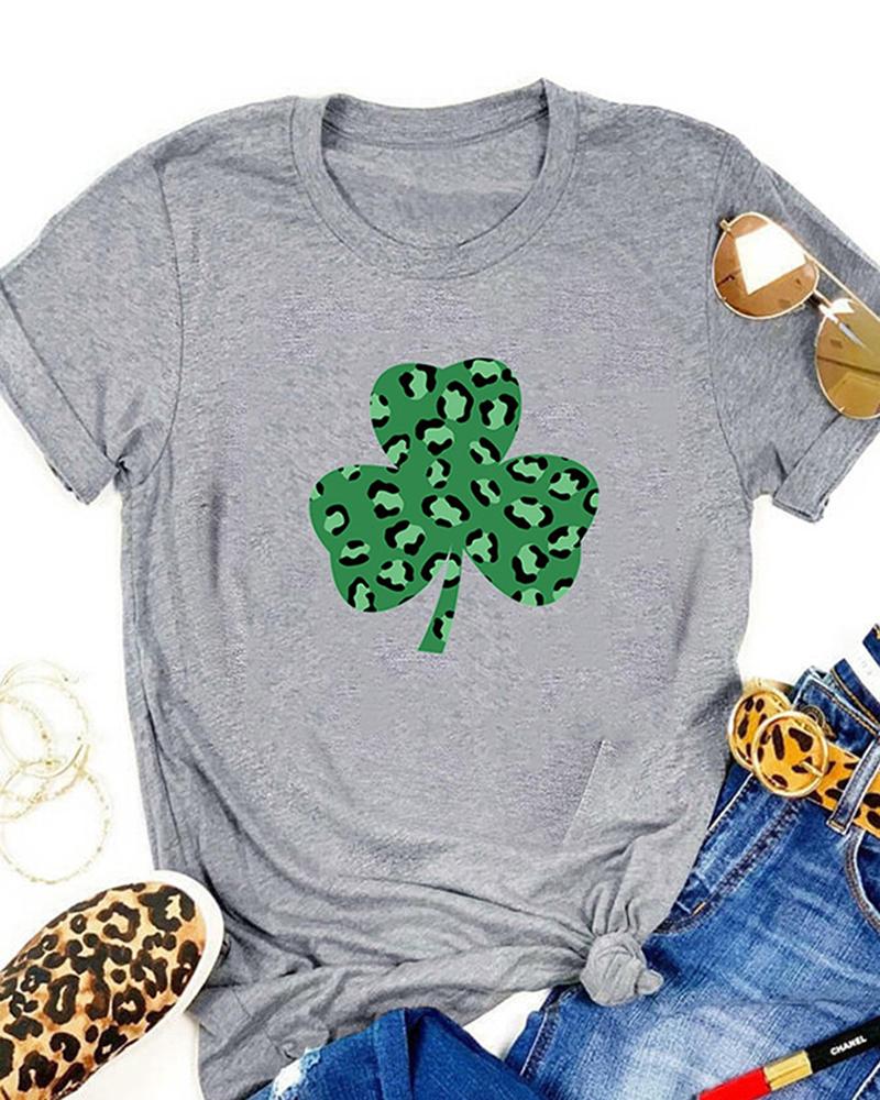 

St.Patrick' Day Clover Print Short Sleeve T-Shirt, Gray