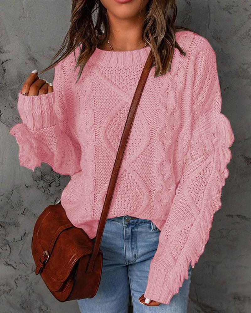 

Fringe Trim Long Sleeve Cable Knit Sweater, Pink