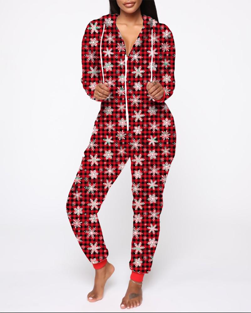 

Christmas Snowflake Plaid Print Zipper Design Hooded Lounge Jumpsuit, Red