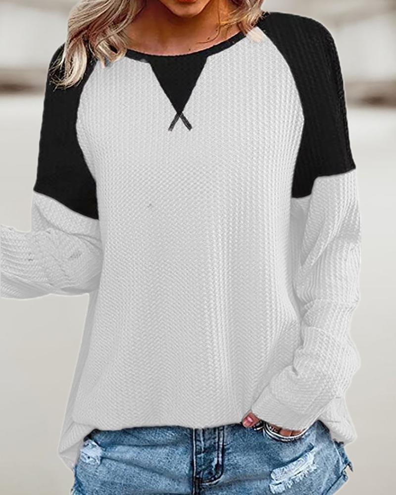 

Long Sleeve Colorblock Waffle Knit Top, White