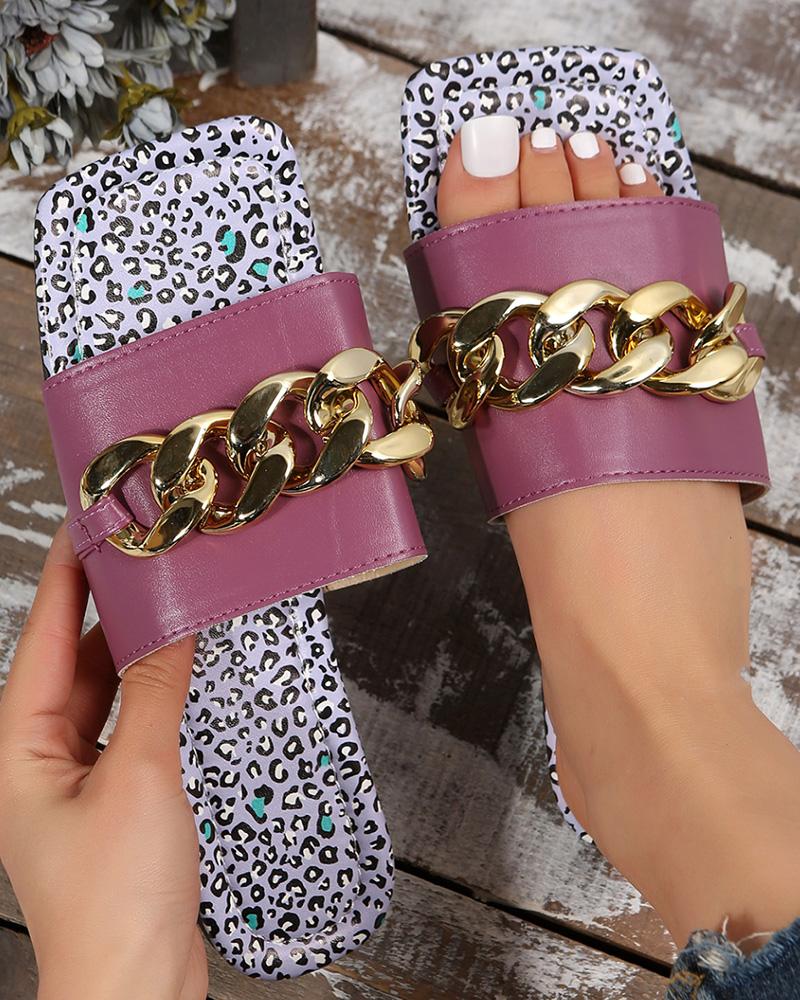 

Snakeskin Wide Strap Chain Decor Slippers, Purple