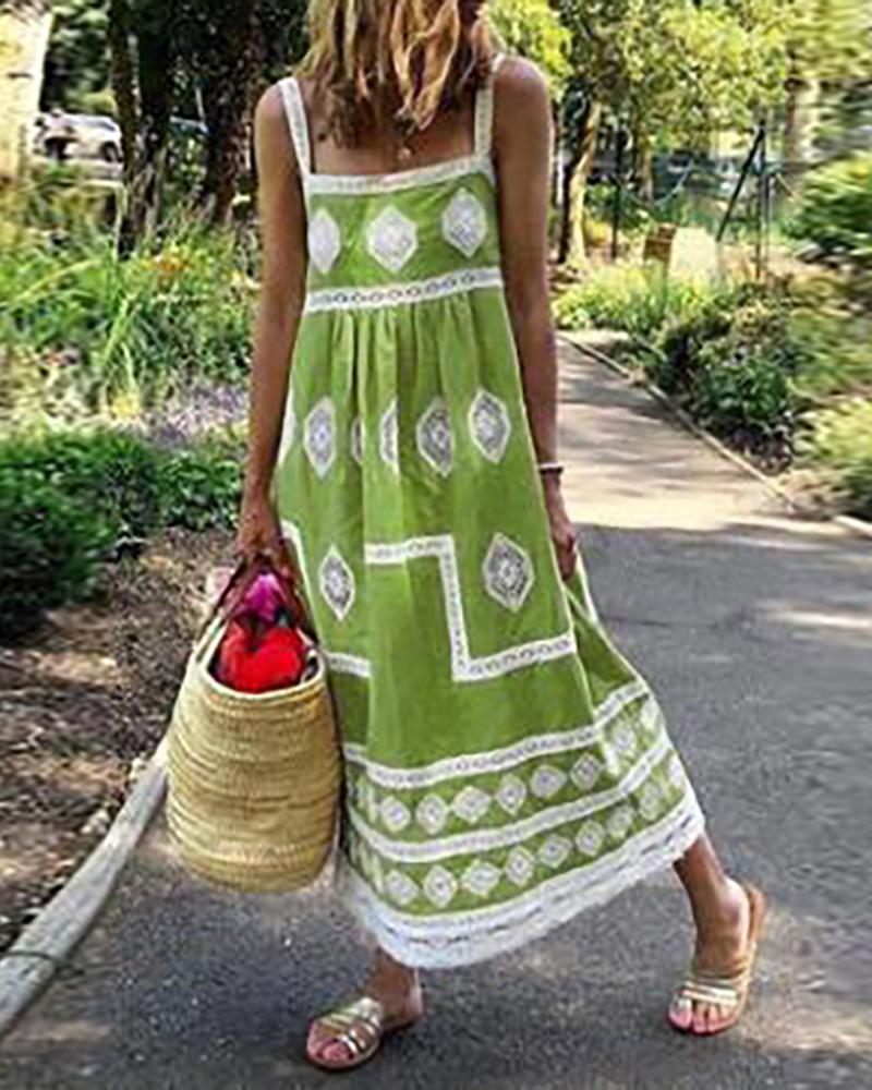 

Geometry Print Colorblock Square Neck Maxi Dress, Green