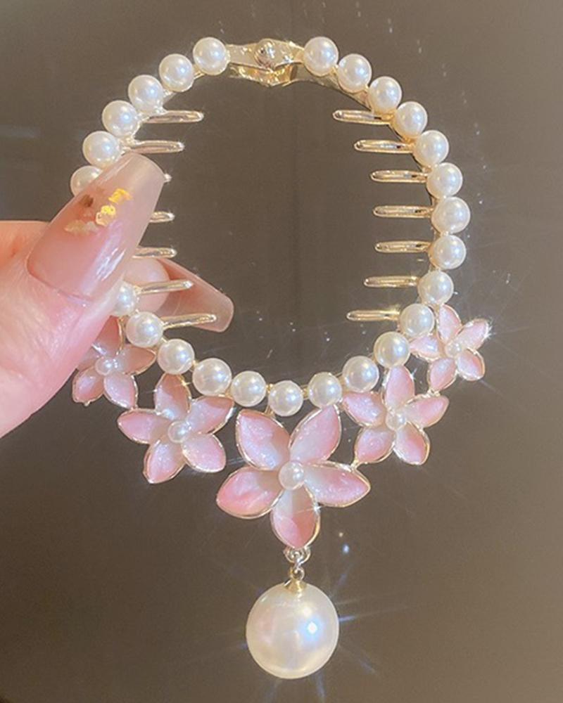 

1pc Floral Pattern Faux Pearls Beaded Hair Clip, Pink