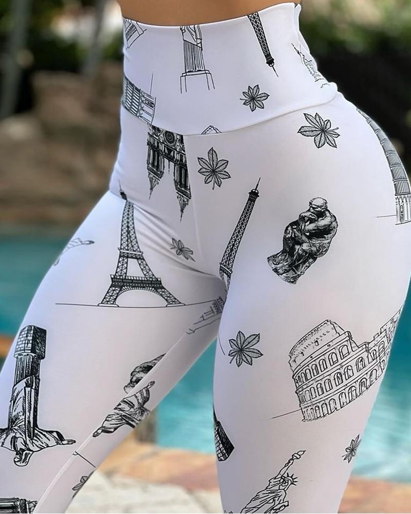 

Landscape Print High Waist Tummy Control Butt Lift Leggings, White