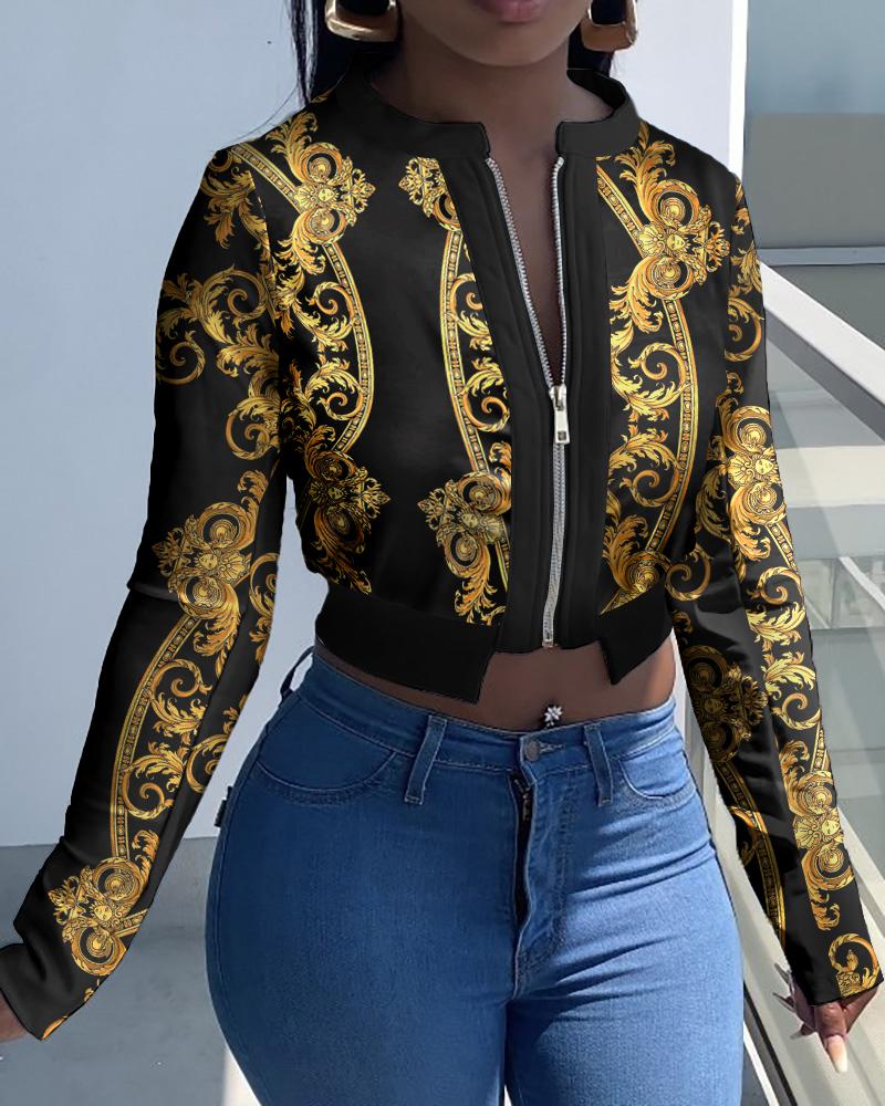

All Over Print Zip Front Long Sleeve Crop Coat, Black