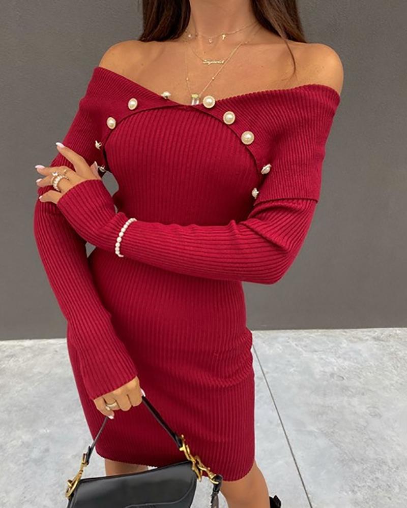 

Button Decor Off Shoulder Bodycon Dress, Wine red