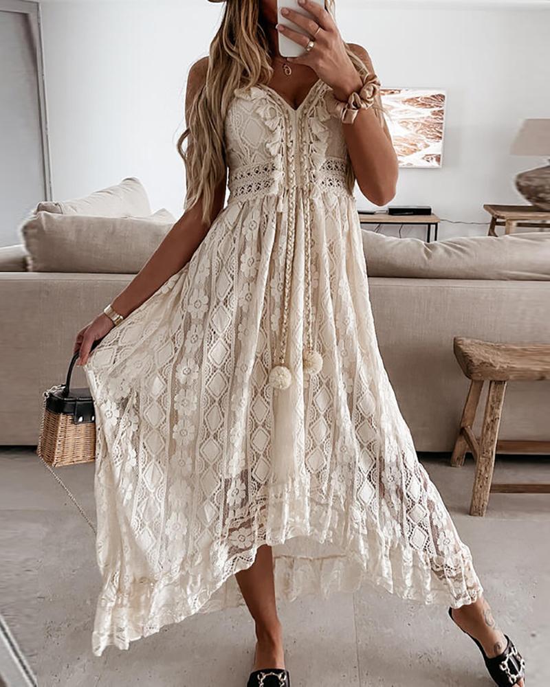 

Crochet Lace Tassel Design Dip Hem Dress, Beige