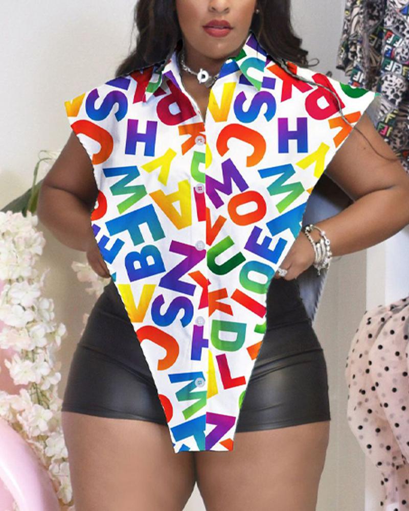 

Plus Size Letter Print Split Hem Button Down Shirt, Multicolor
