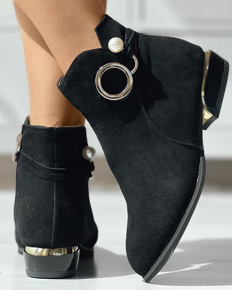 

O-Ring Round Toe Ankle Boots, Black