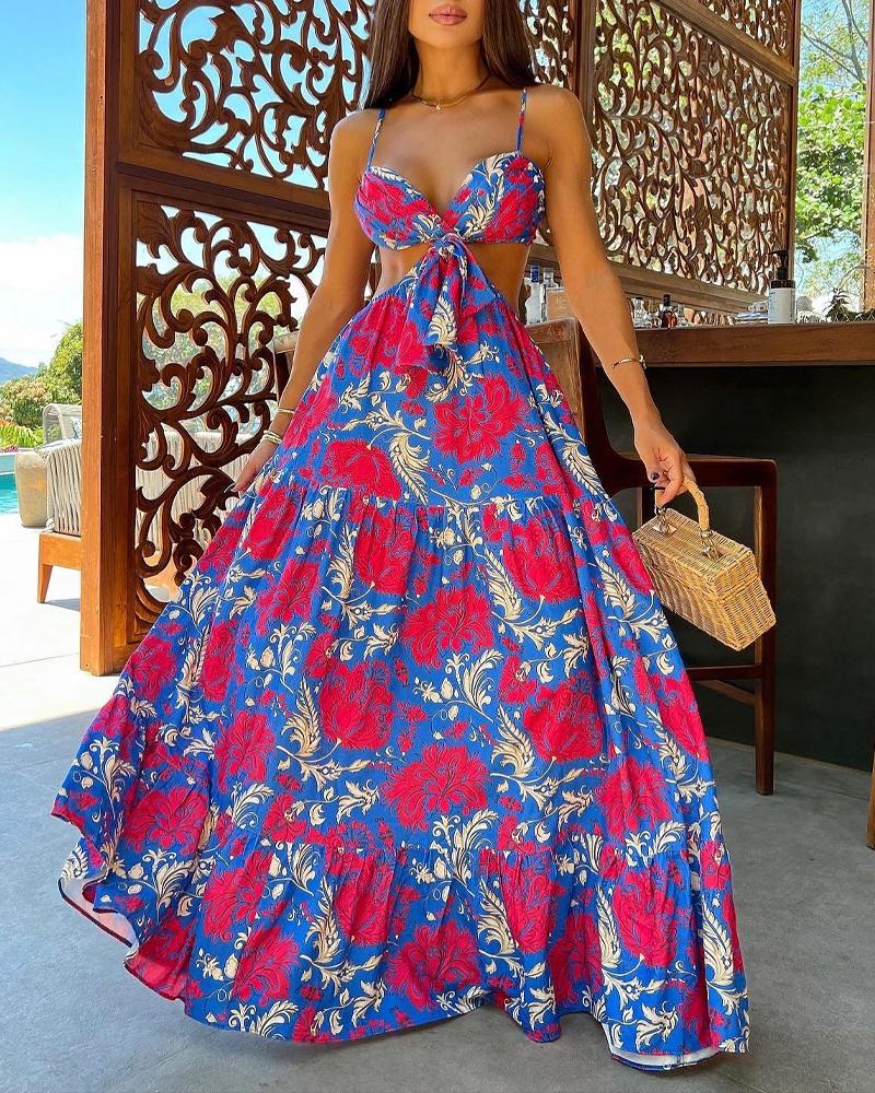 

Floral Print Cutout Spaghetti Strap Maxi Dress, Blue