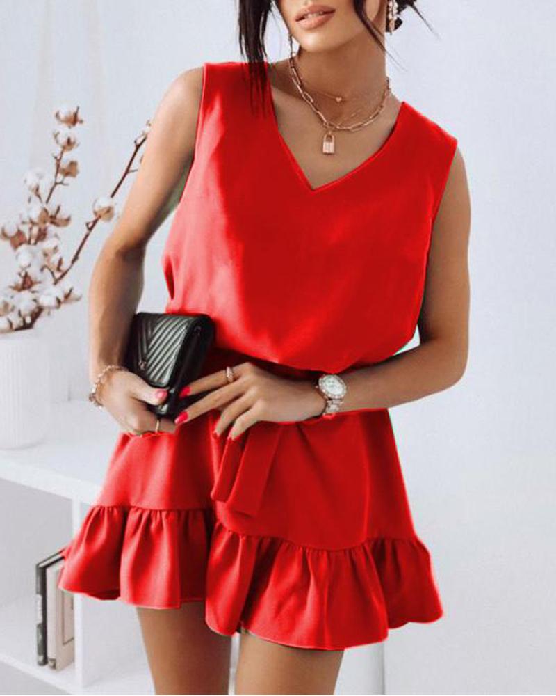 

Sleeveless Ruffle Hem Casual Dress, Red