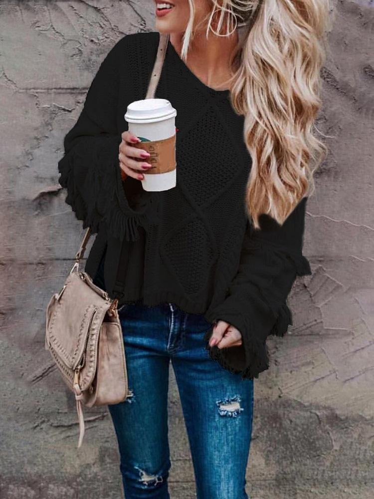 

Solid Tassel Side Slit Pullover Sweater, Black
