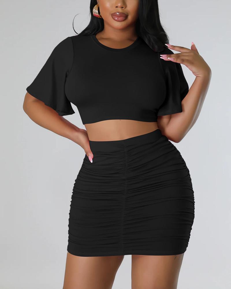 

Crop Top & Ruched High Waist Skirt Set, Black