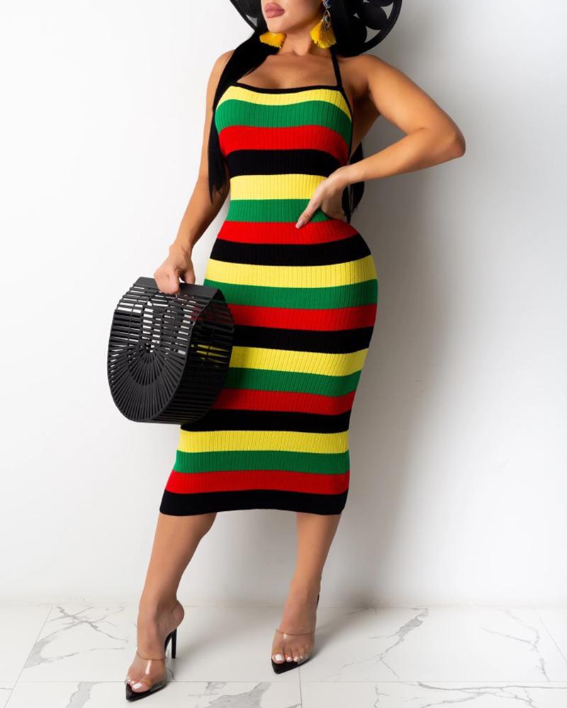 

Ribbed Colorblock Striped Halter Backless Dress, Yellow