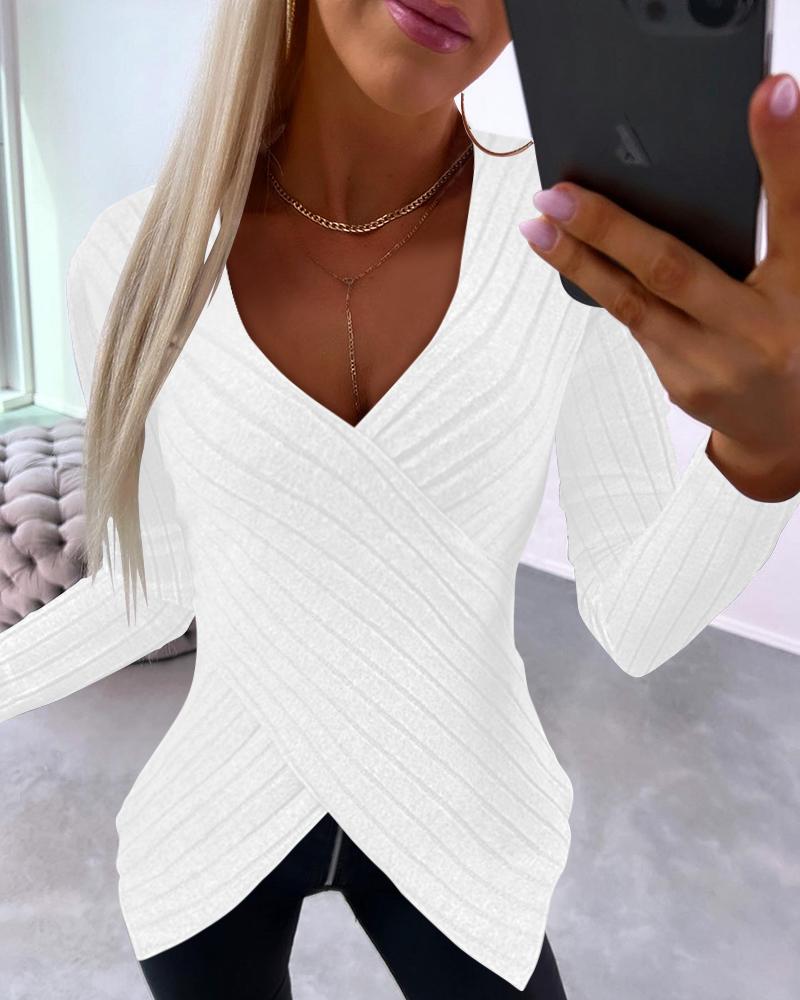 

V-Neck Overlap Asymmetrical Long Sleeve Top, White
