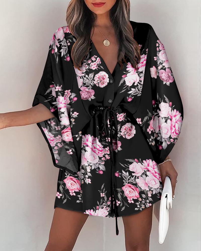 

Floral Print Button Front Drawstring Casual Dress, Black