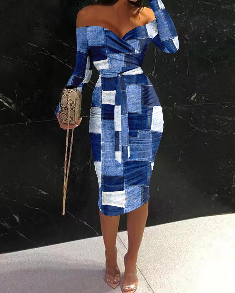 

Denim Look Print Tied Detail Ruched Bodycon Dress, Blue