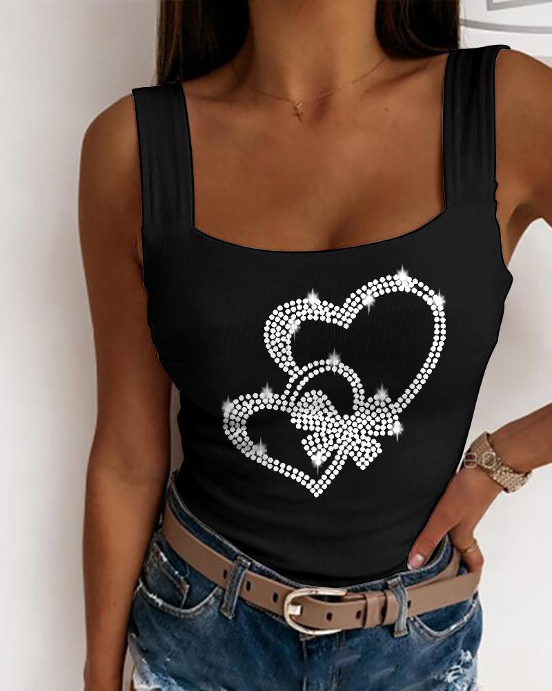 

Valentine' Day Rhinestone Double Heart Pattern Tank Top, Black