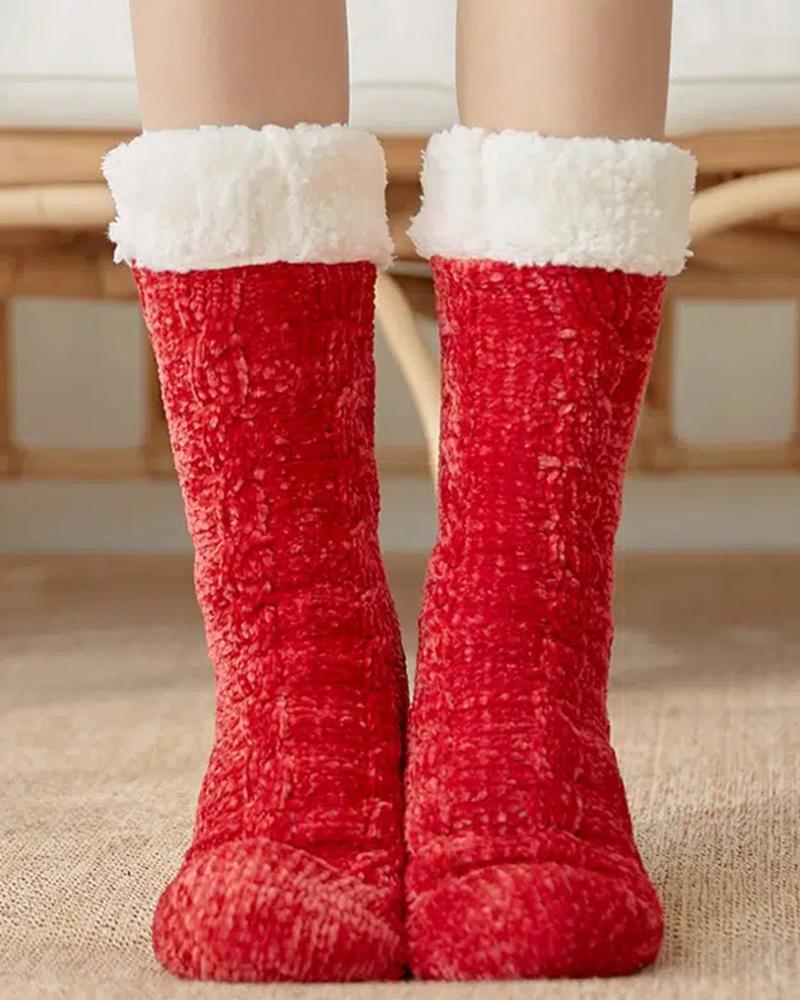 

1Pair Fleece Lined Fluffy Thick Warm Winter Non Slip Floor Socks, Red