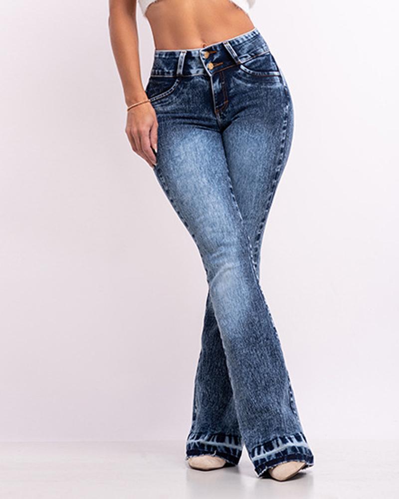 Zip Fly Washed Flared Leg Jeans