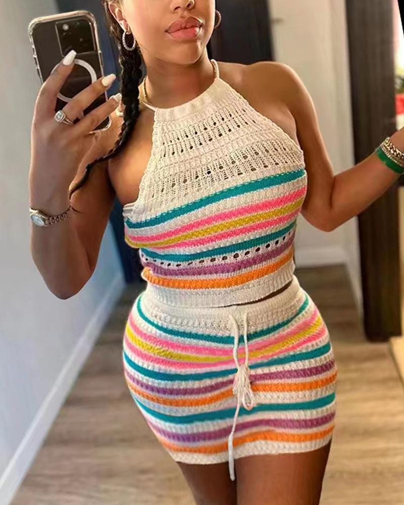 

Rainbow Stripe Print Crochet Knit Halter Tank & Skirt Set, White