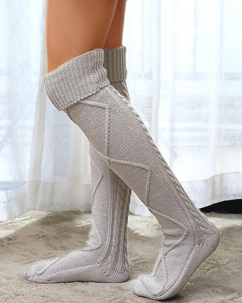 

Braided Knit Knee Length Socks, Gray