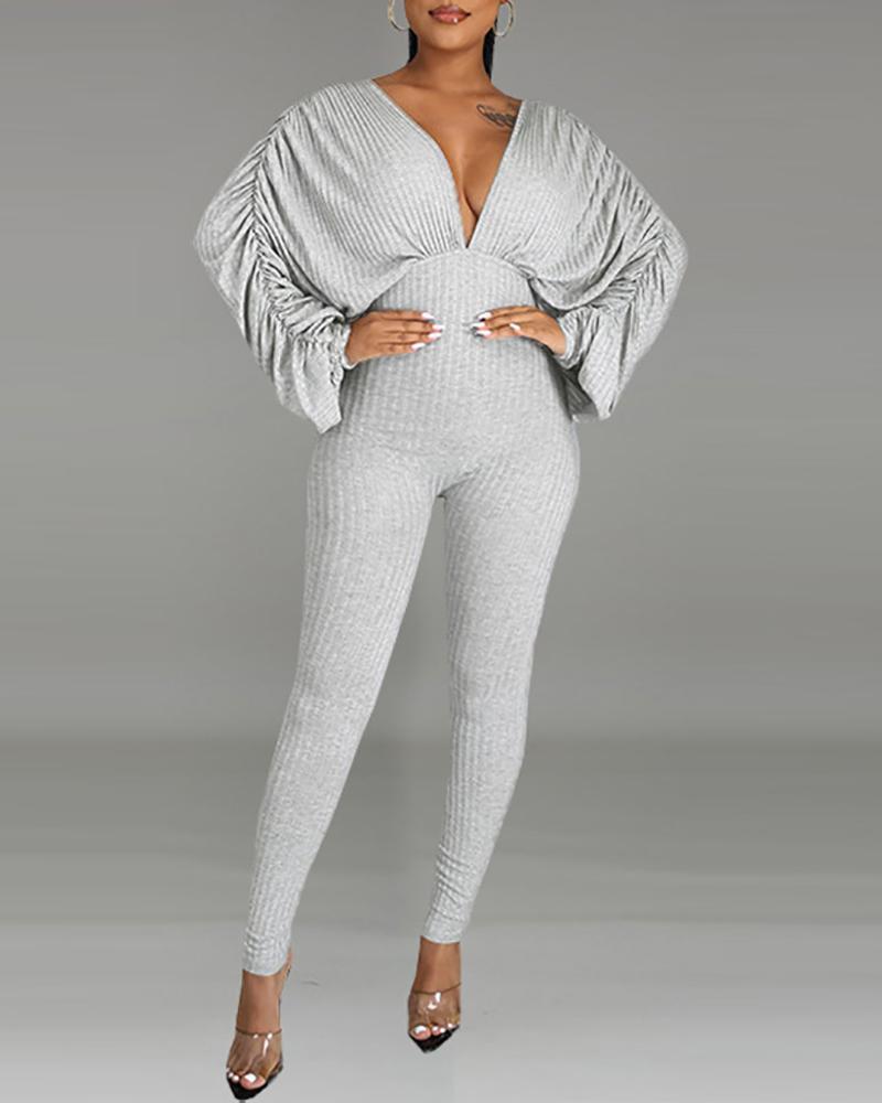 

Batwing Sleeve Plunge Tied Detail Jumpsuit, White