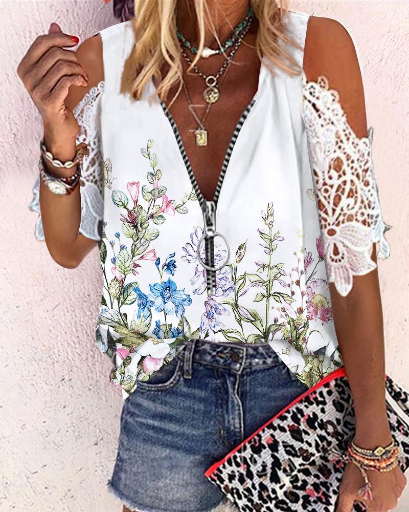 

Plant Print Contrast Lace Cold Shoulder Top, White