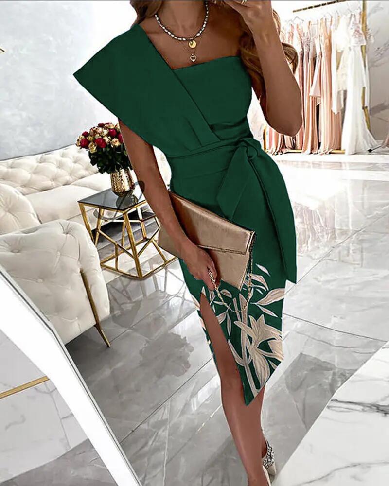 

Plants Print One Shoulder Split Thigh Belted Party Dress, Green