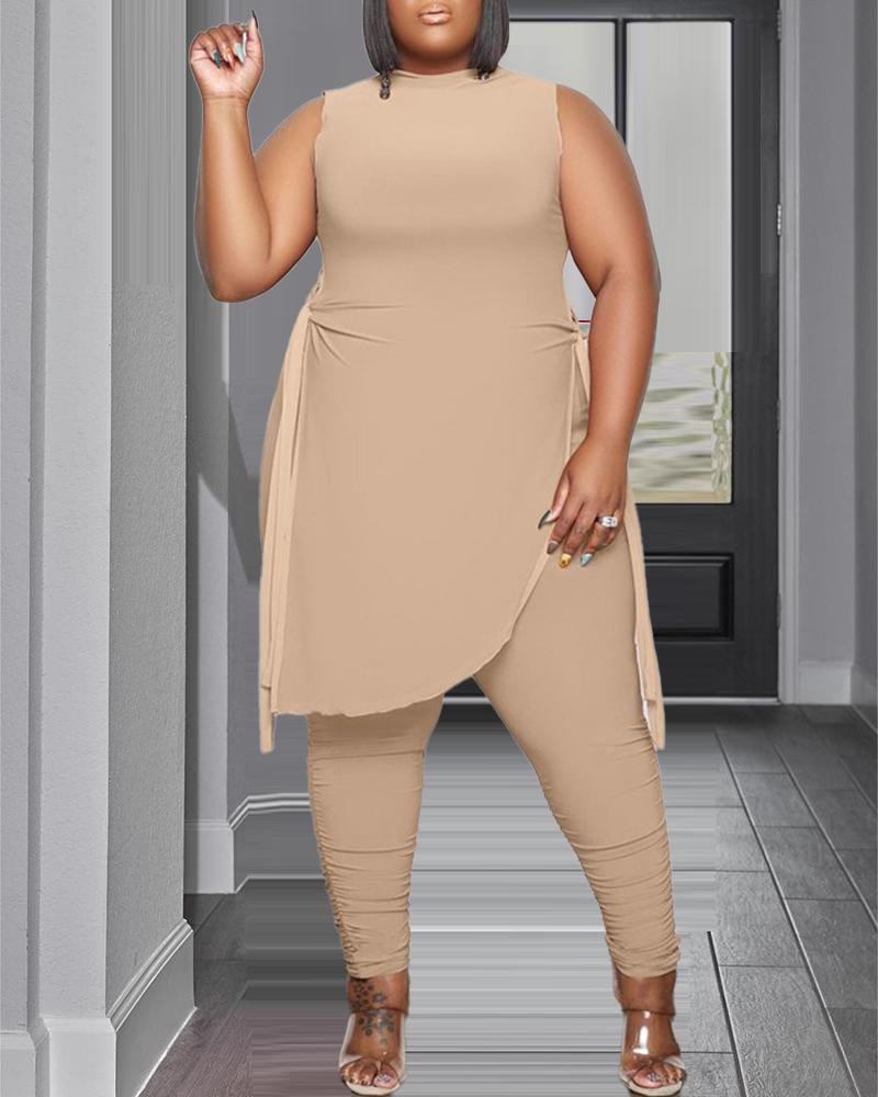 

Plus Size Tied Detail Twisted Slit Top & Pants Set, Khaki