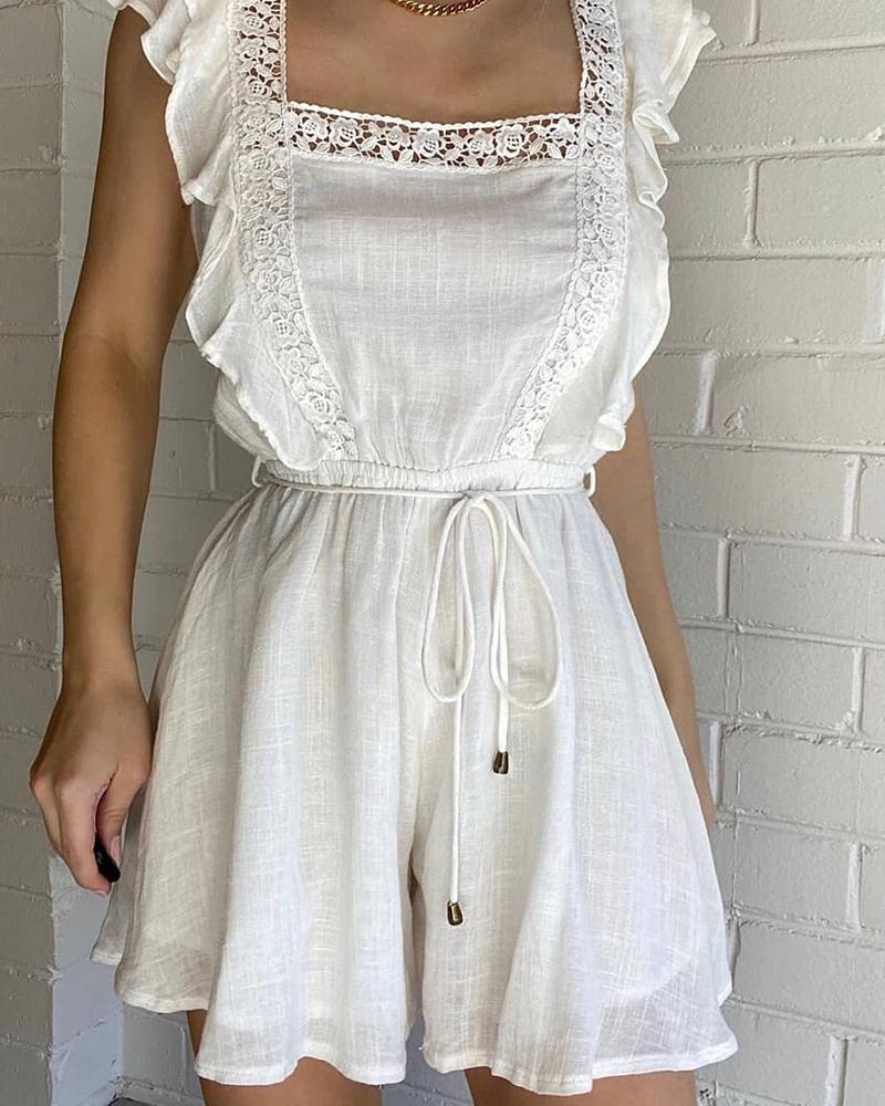 

Ruffle Hem Crochet Lace Tie Front Sleeveless Romper, White
