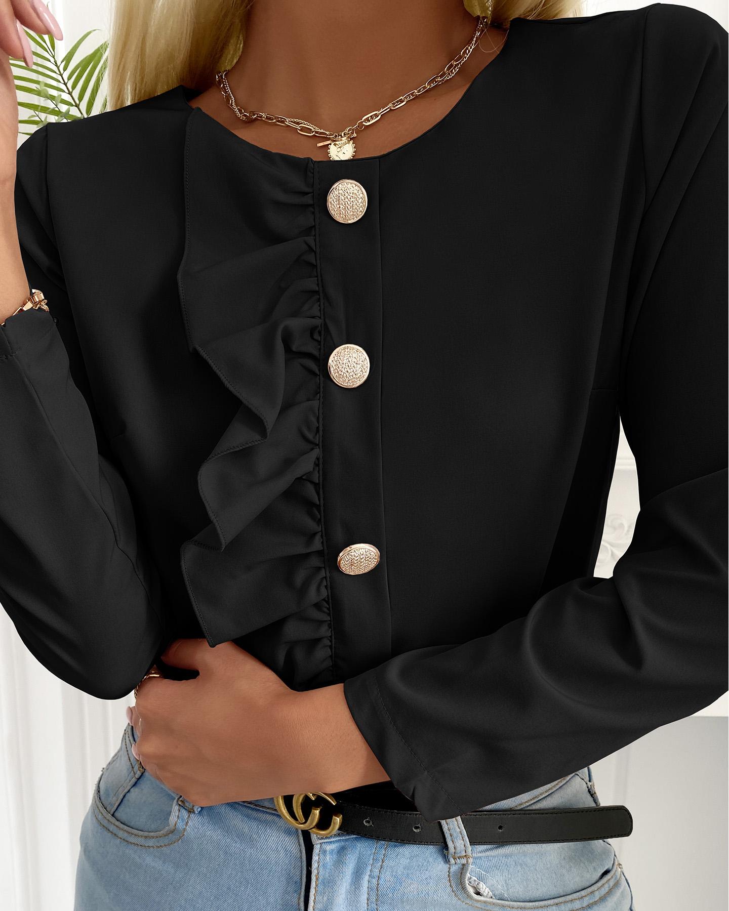 

Ruffles Button Front Long Sleeve Top, Black