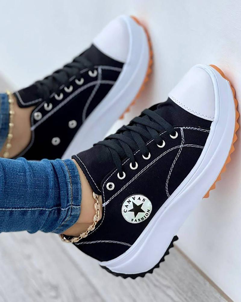 Eyelet Lace-up Flatform Canvas Shoes