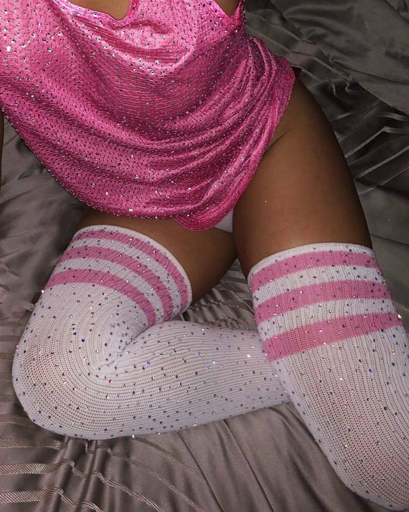 

1Pair Striped Contrast Paneled Rhinestone Thigh Socks, Pink