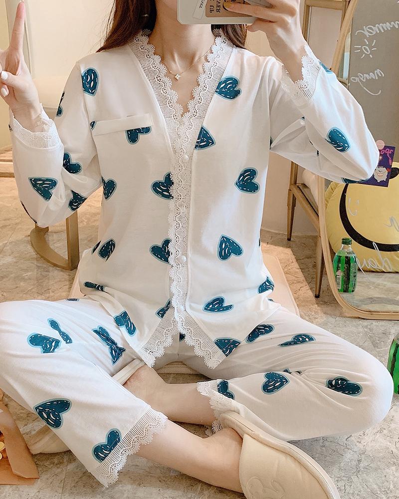 

Heart Print Long Sleeve Lace Splicing Loose Sleepwear Suit Sets, White