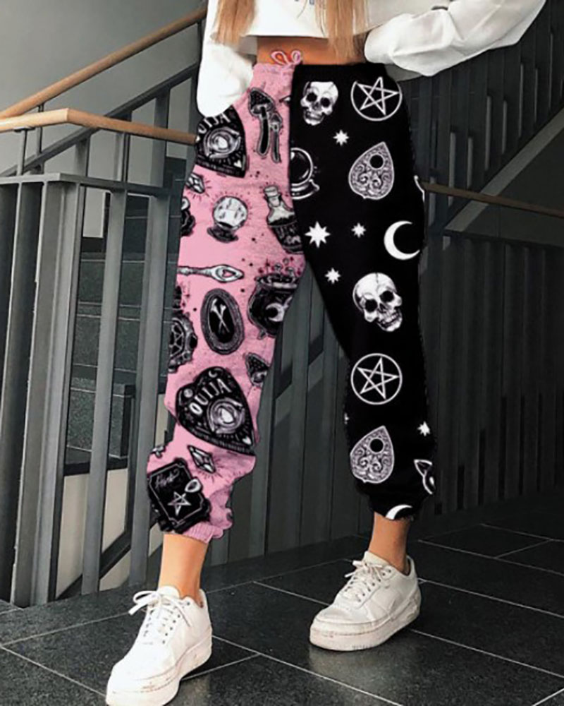 

Halloween Colorblock Graphic Print High Waist Pants, Black