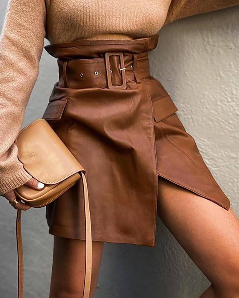 

Pocket Design Slit PU Leather Skirt, Brown
