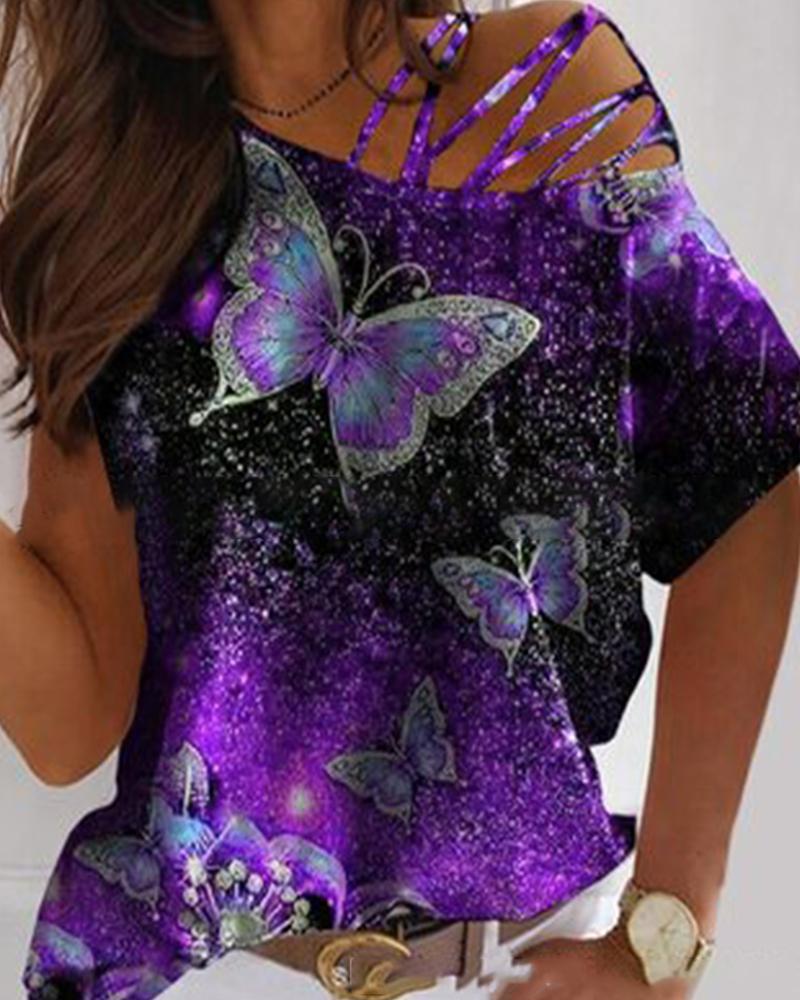 

Butterfly Print Short Sleeve Loose T-shirts, Purple